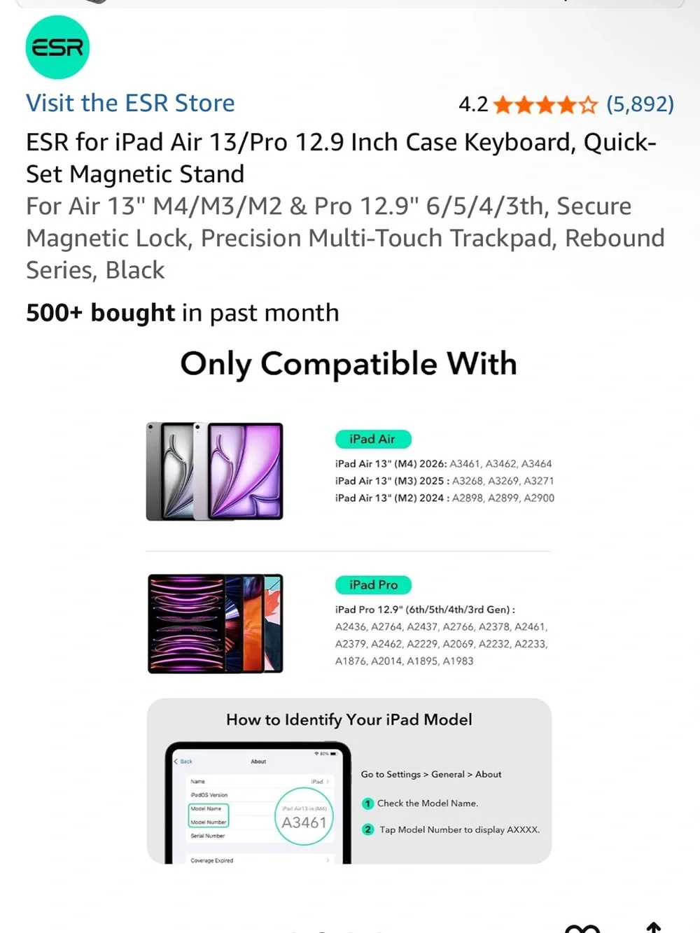 NIB ESR for iPad Air 13/Pro 12.9 Inch Case Keyboard, Quick-set Magnetic Stand